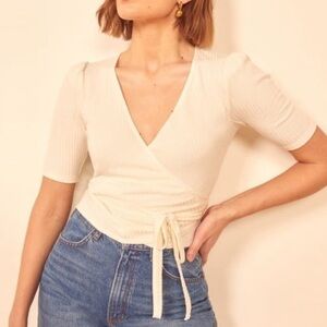 REFORMATION Rosebud Ribbed Wrap Top In Ivory